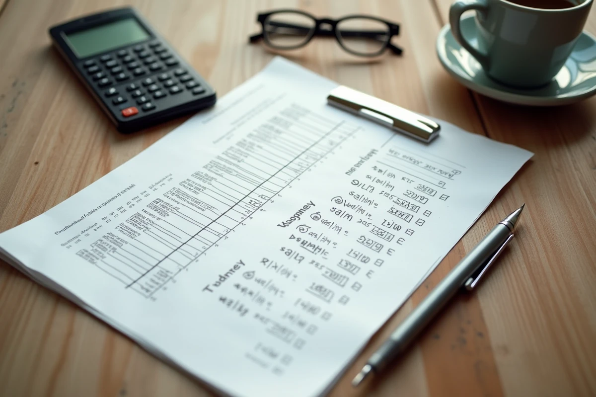 Documents de simulation viager et calculatrice sur un bureau en bois