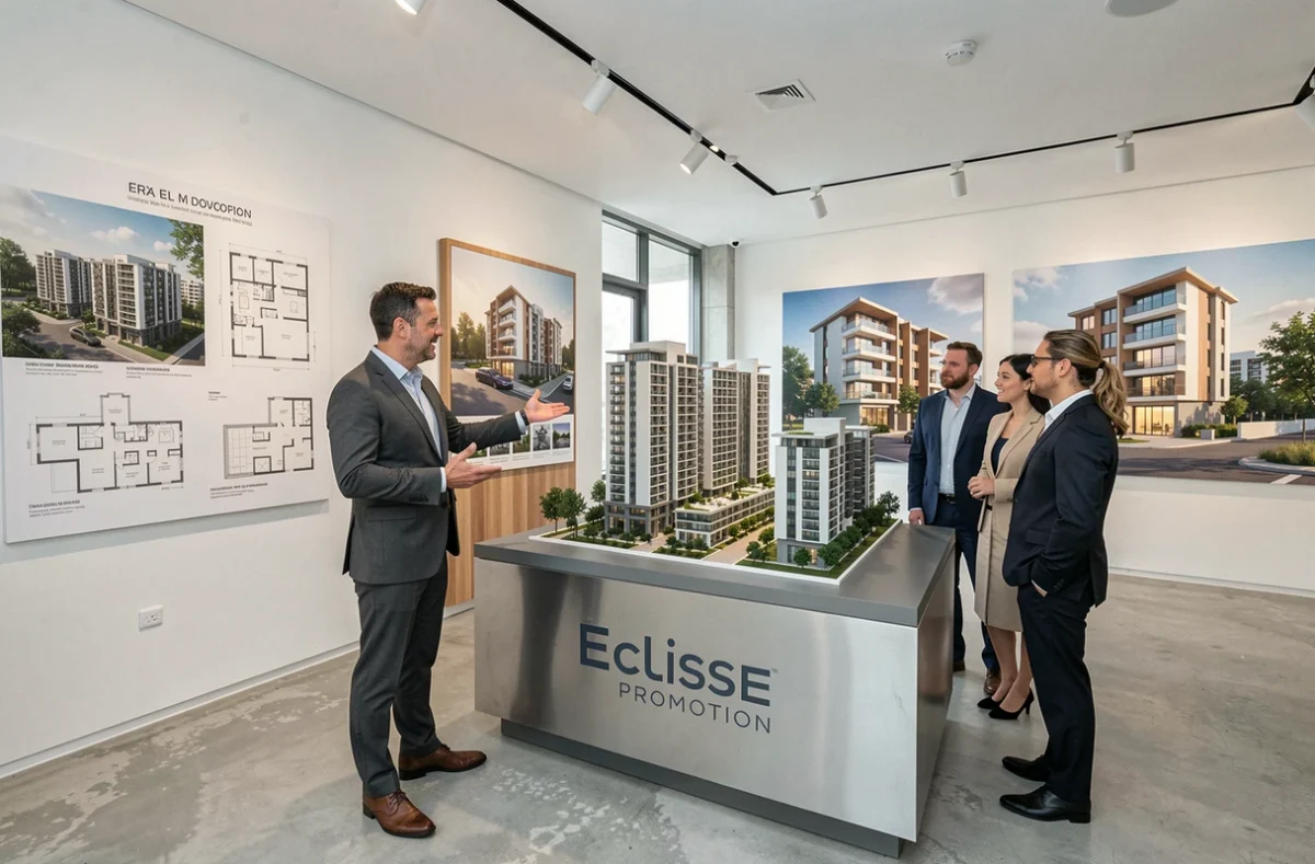 Showroom d'Eclisse Promotion avec maquette architecturale et consultant présentant un programme immobilier neuf en Aveyron