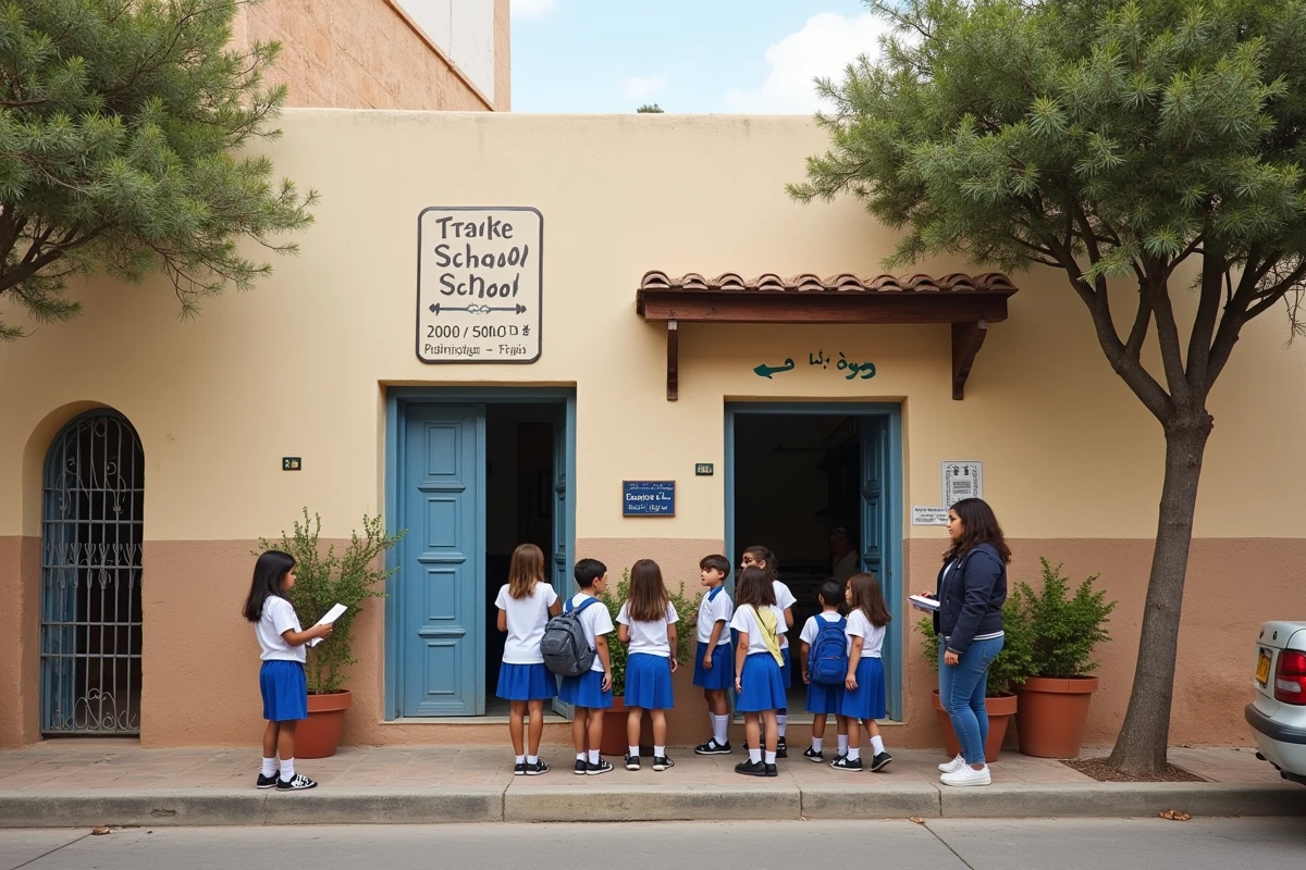 École bilingue franco-arabe à Essaouira avec enfants en uniforme et parents à la sortie des classes