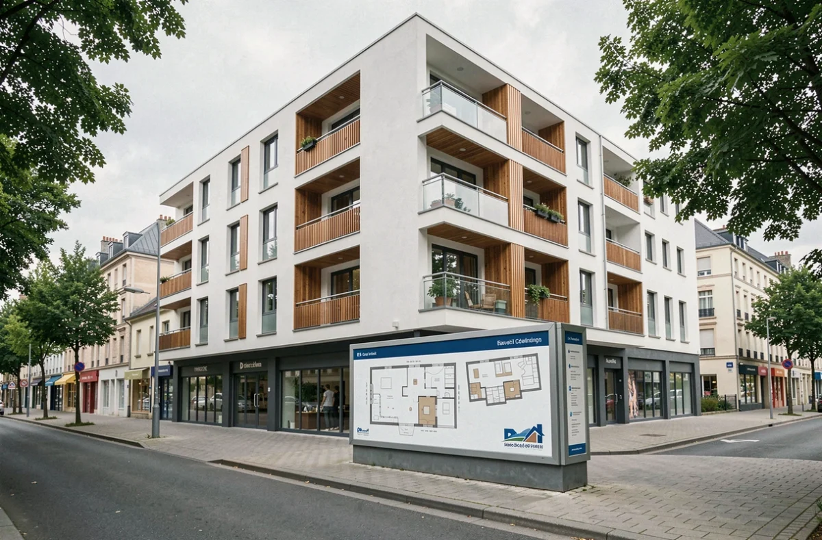 Grand immeuble résidentiel d'Edouard Denis dans une ville du Pas-de-Calais, façade contemporaine avec bardage blanc et balcons bois