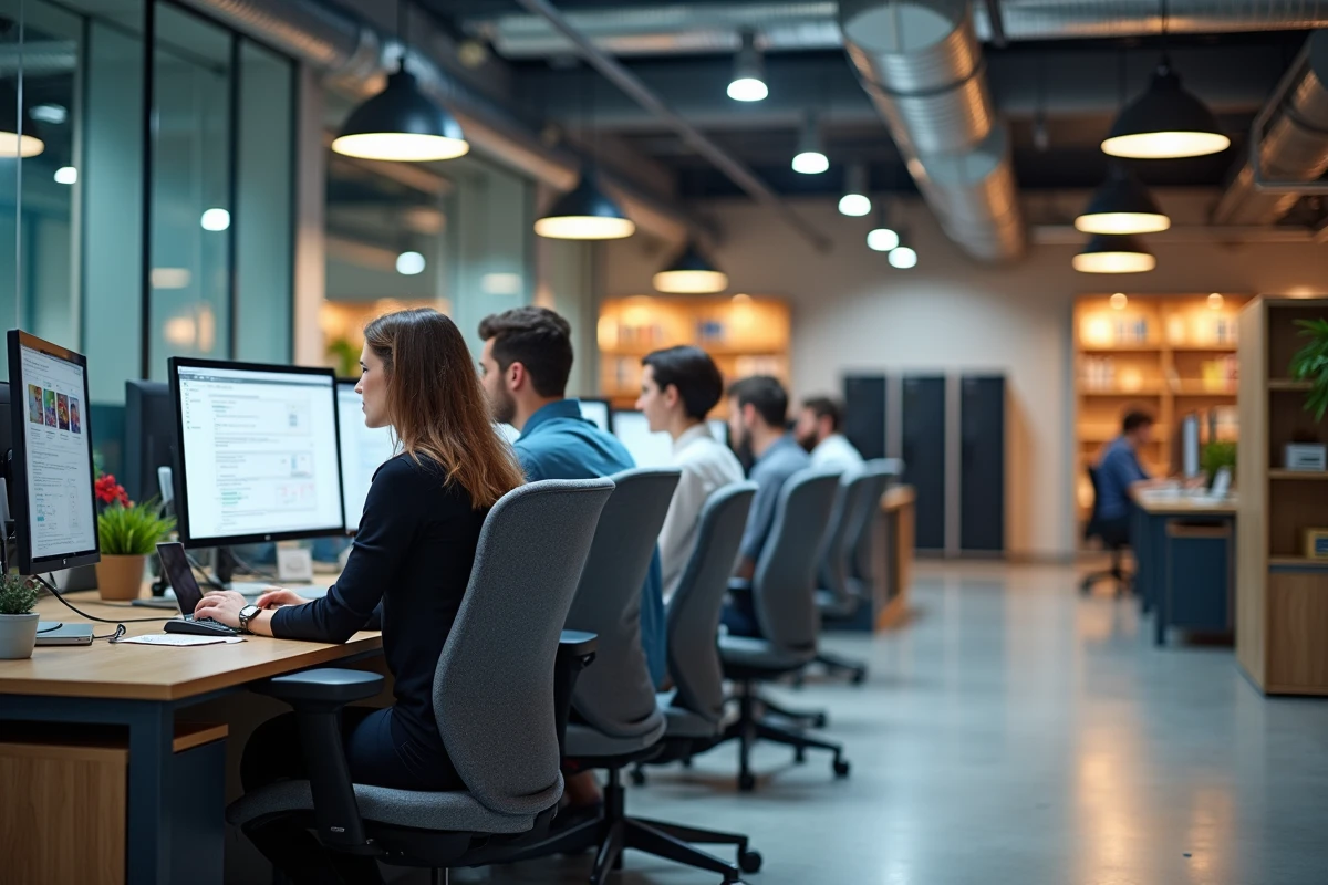 Espace de travail DSI moderne dans un immeuble de bureaux à Courbevoie, équipes informatiques en collaboration