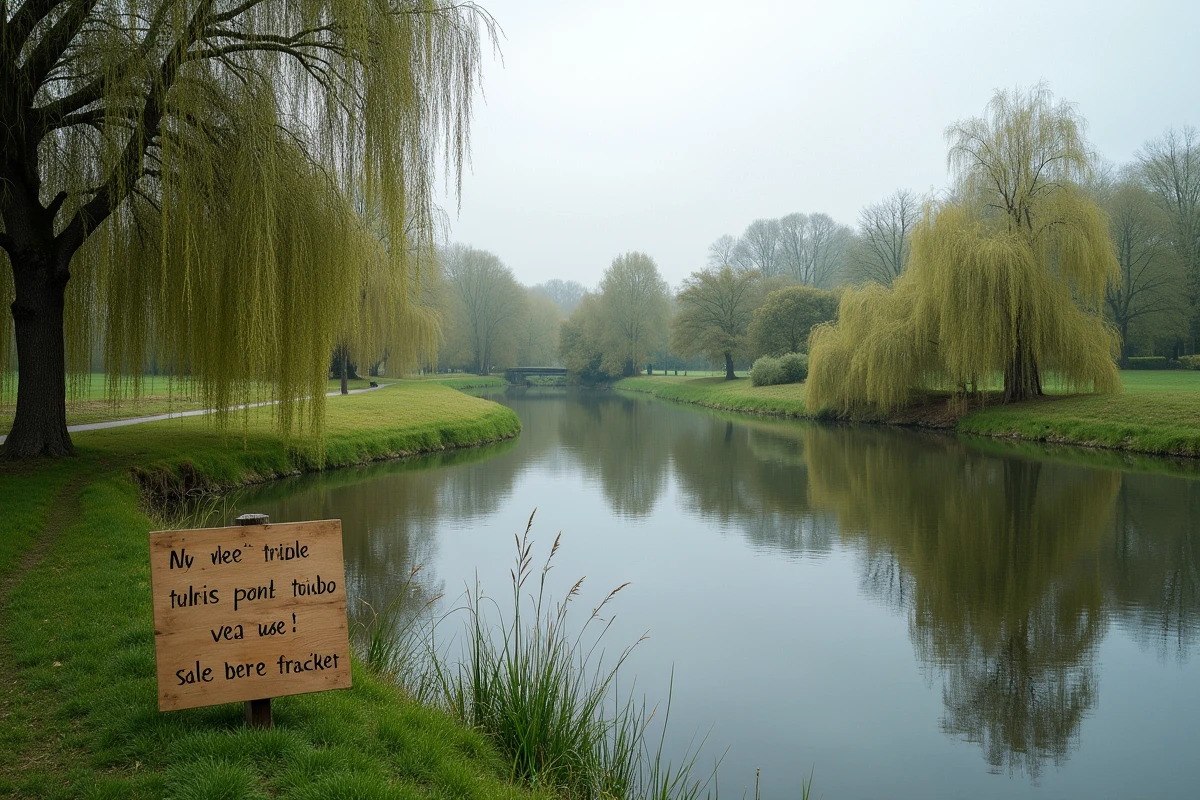 Étang naturel à vendre en milieu rural avec panneau de mise en vente au bord de l'eau