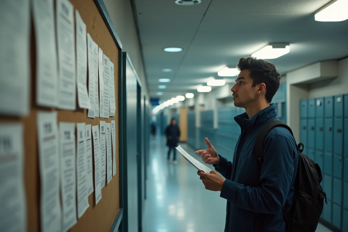 Étudiant consultant des annonces d'appartement avec abréviations sur un panneau d'affichage