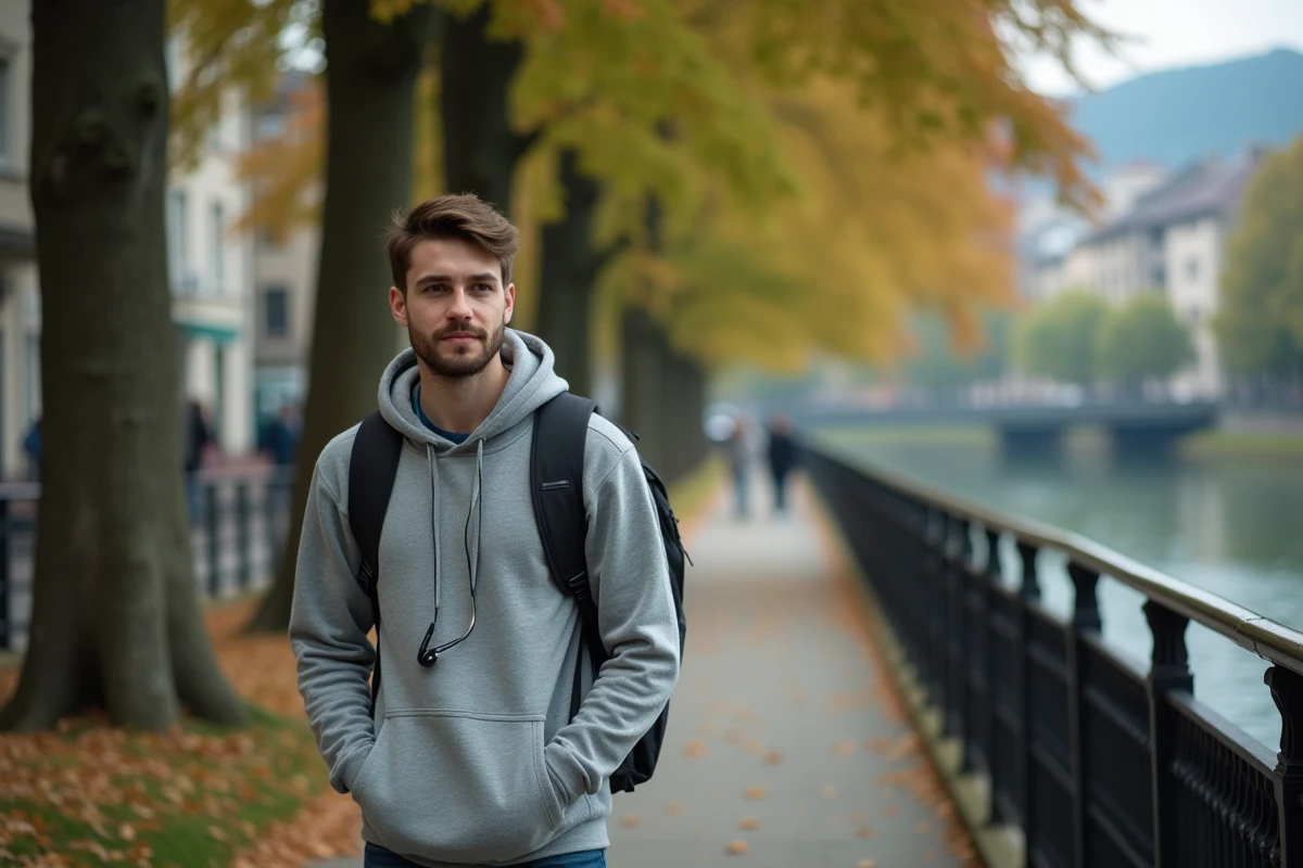 Étudiant se promenant le long de la rivière Isère dans le quartier de l'Île Verte à Grenoble en automne