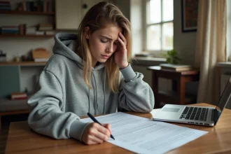 Étudiante lisant attentivement son contrat de bail dans un appartement étudiant modeste