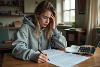 Étudiante lisant attentivement son contrat de bail dans un appartement étudiant modeste