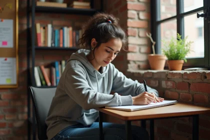Étudiante prenant des notes sur l'abréviation d'appartement dans son studio universitaire