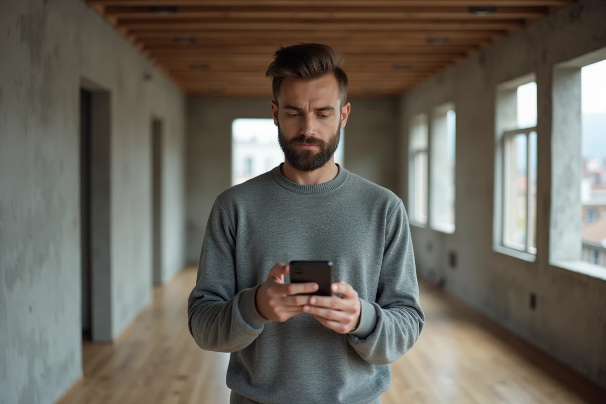 Investisseur évaluant la rentabilité d'un appartement vide avec un simulateur sur smartphone intégrant charges, fiscalité et taux de vacance locative