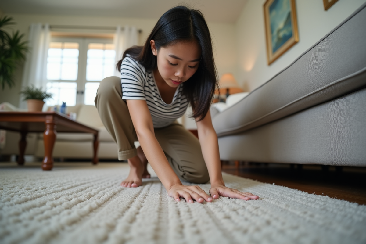 Jeune femme asiatique examinant une tache sur le tapis du salon