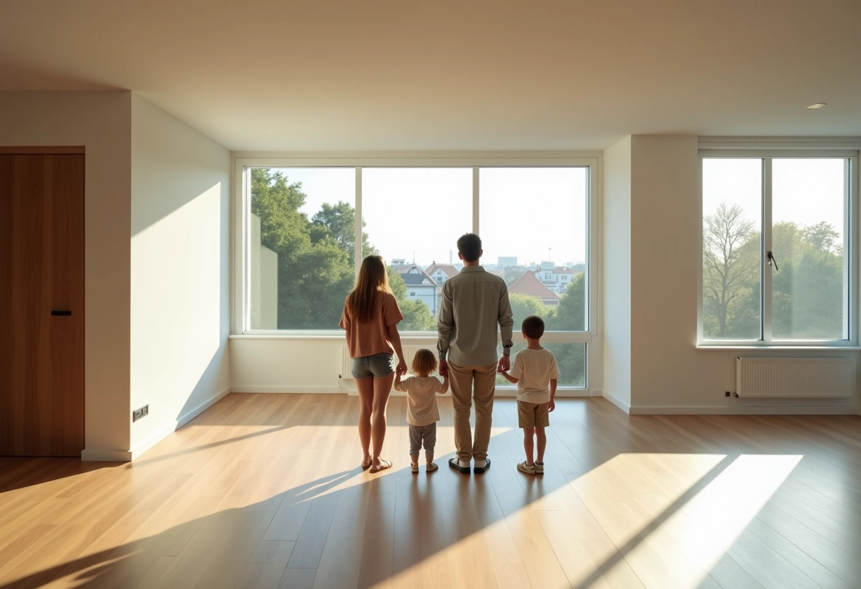 Famille dans un salon lumineux d