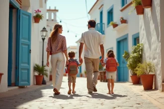 Famille en location longue durée se promenant dans la médina d'Essaouira avec enfants et sacs à dos