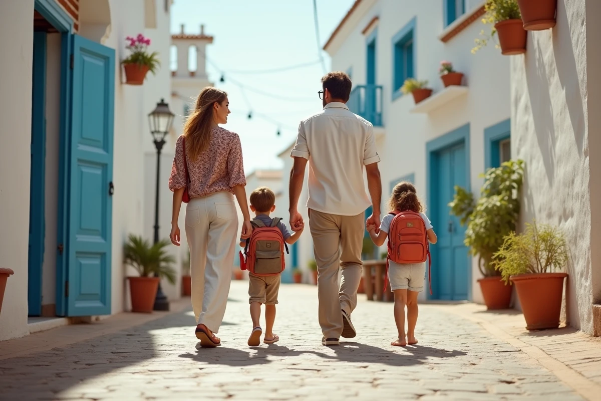 Famille en location longue durée se promenant dans la médina d'Essaouira avec enfants et sacs à dos