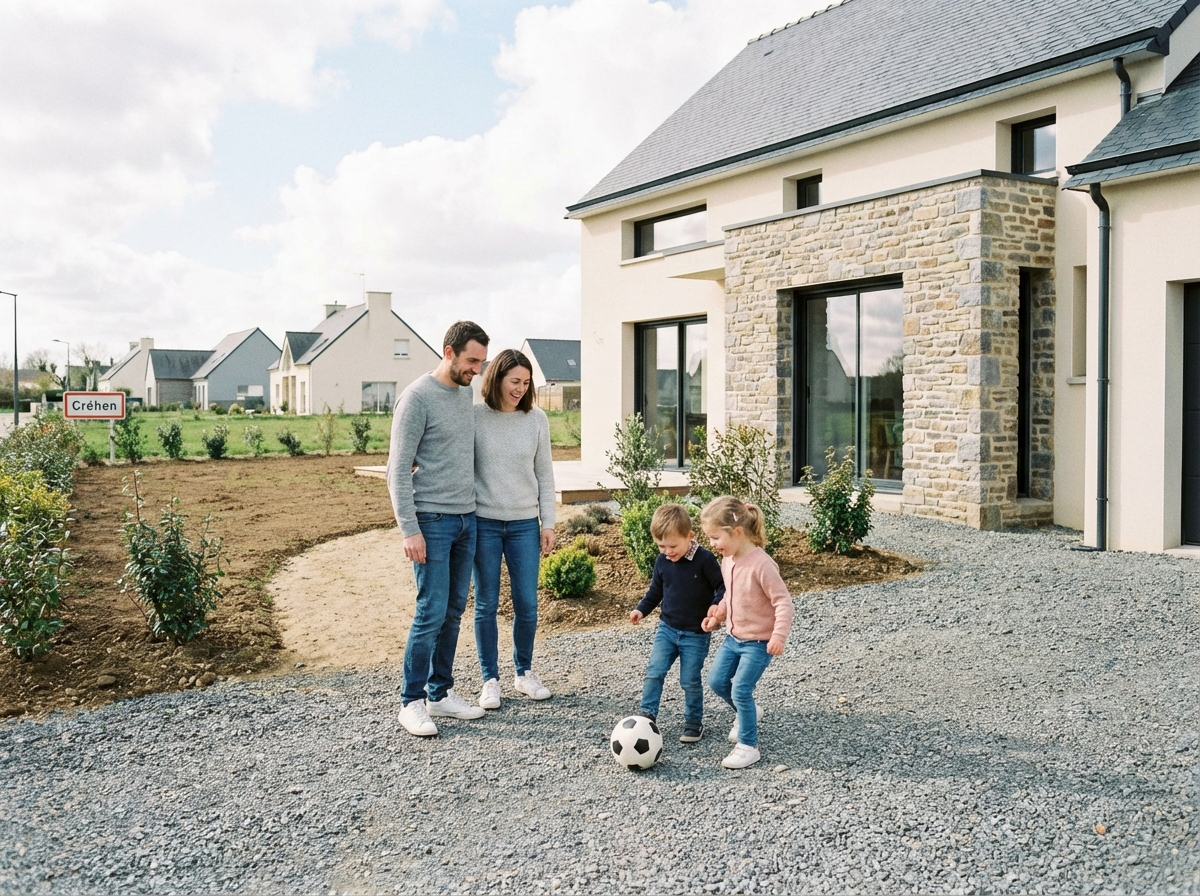 Famille heureuse devant leur maison neuve à Créhen