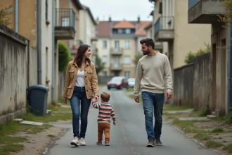 Famille avec jeune enfant se promenant dans un quartier résidentiel de La Roche-sur-Yon aux façades vieillissantes