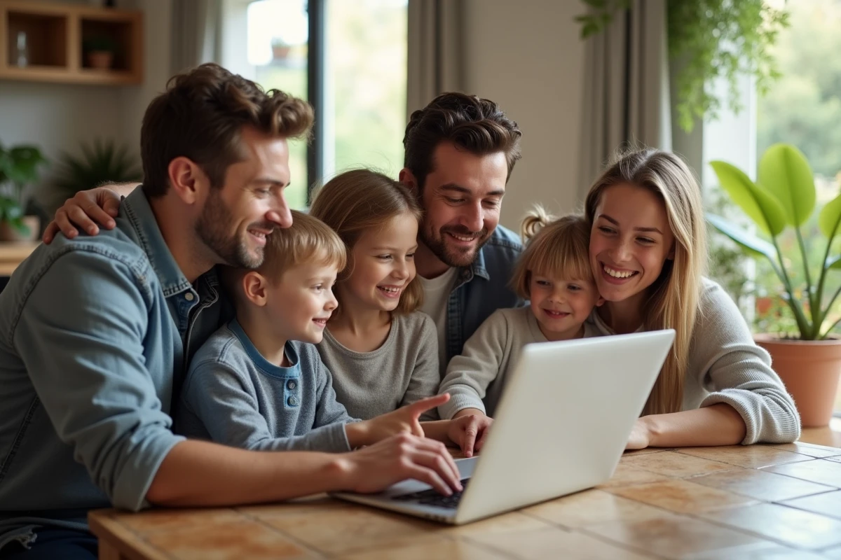 Famille autour d'un ordinateur recherchant une maison