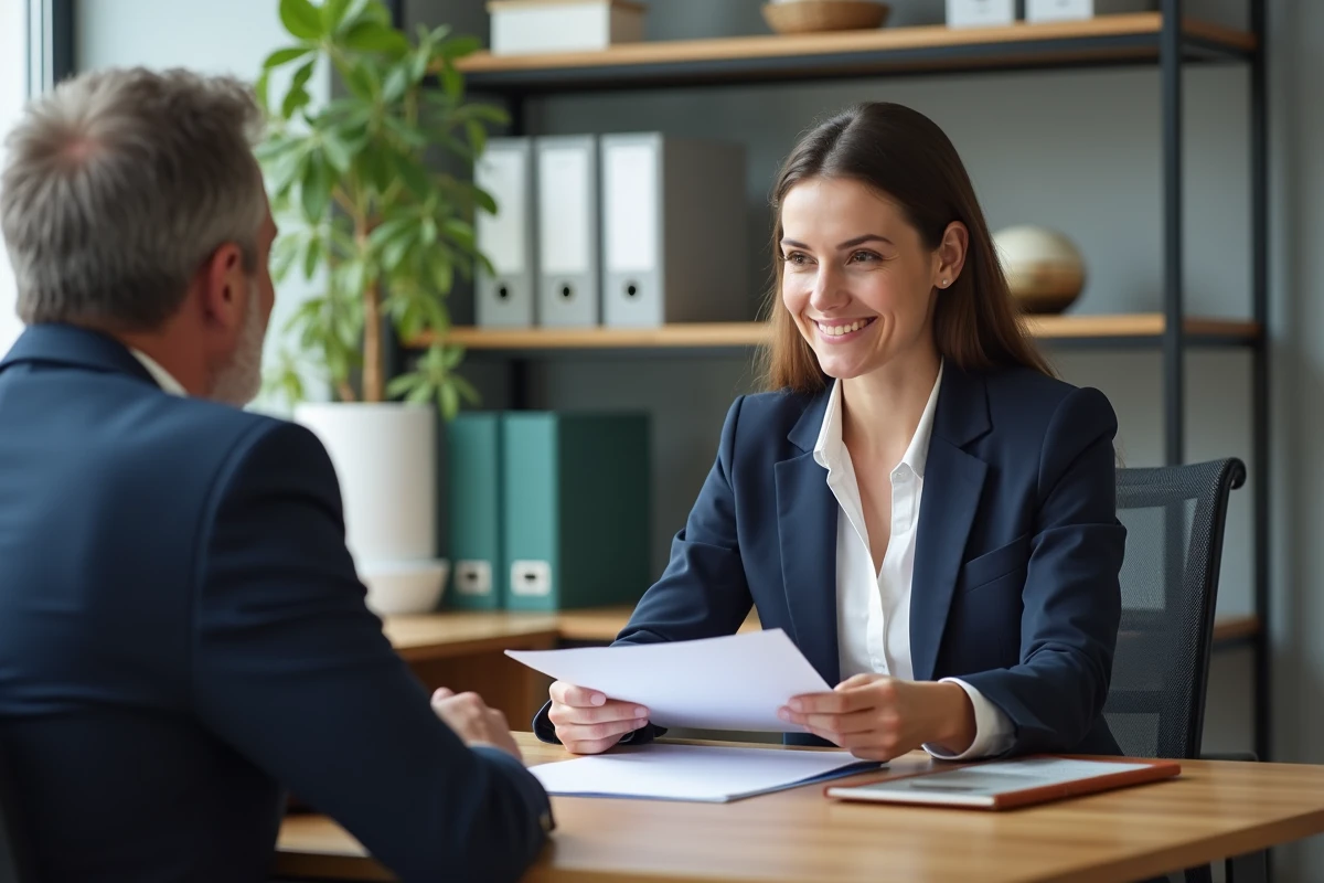 Femme en blazer navy échangeant des documents avec un propriétaire