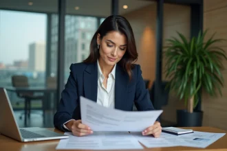 Femme d'affaires examinant des documents immobiliers dans un bureau moderne