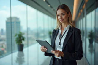 Femme d affaires dans un lobby moderne avec tablette