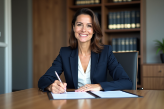 Femme d affaires signant des documents dans un bureau moderne