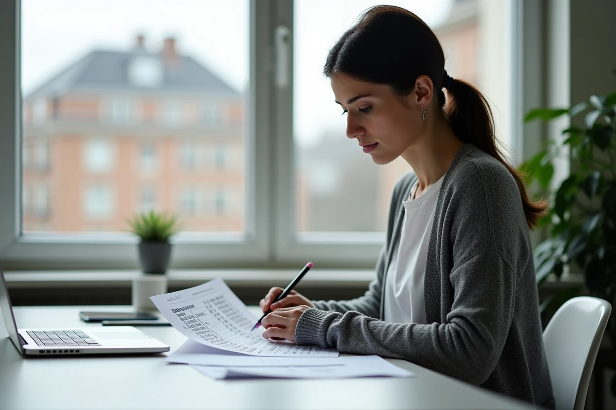 Femme annotant un tableau de références de loyers pour calculer l'encadrement sans outil en ligne
