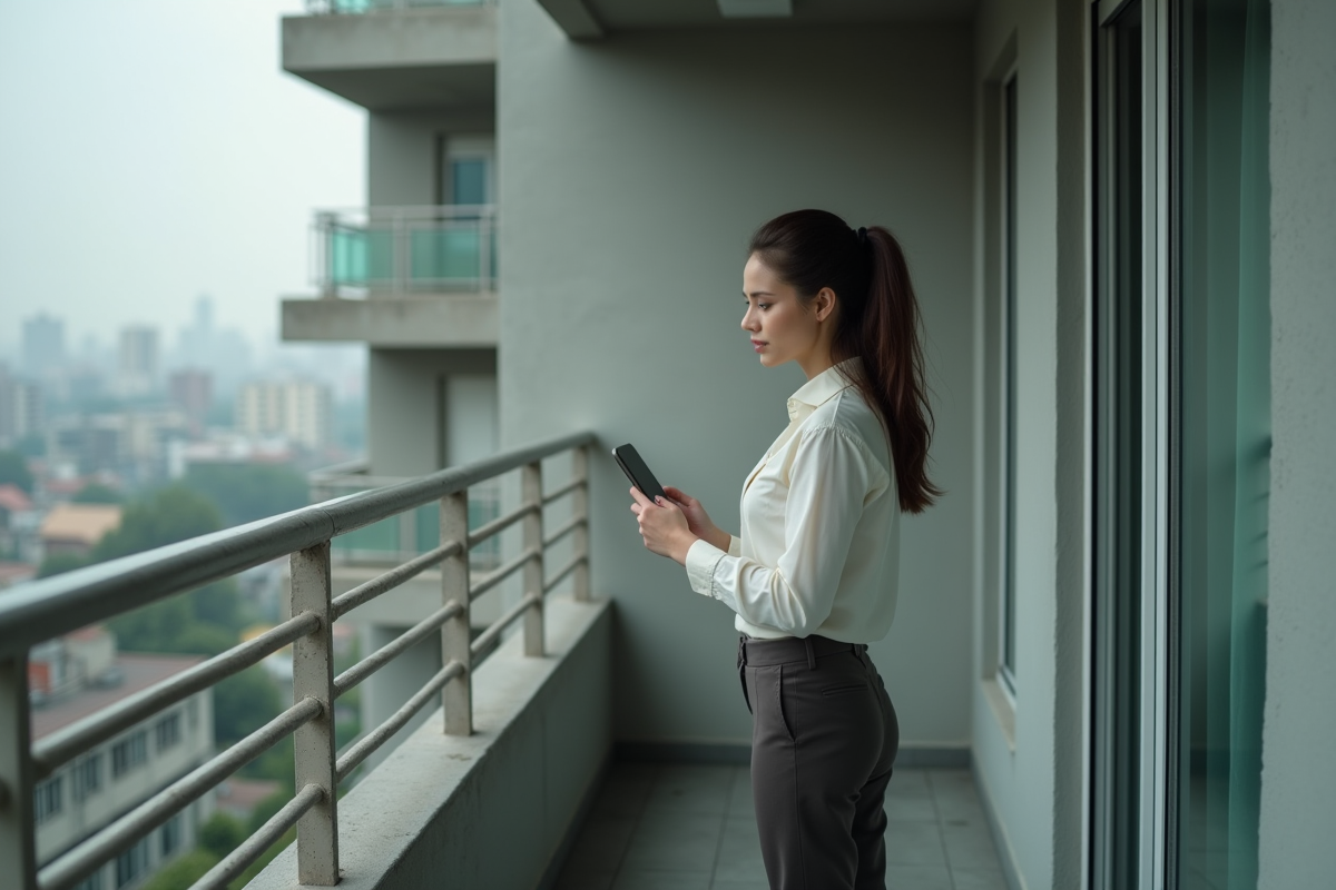 Jeune femme regardant dans un appartement vacant depuis un balcon