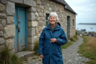 Femme bretonne souriante avec clés devant maison ancienne