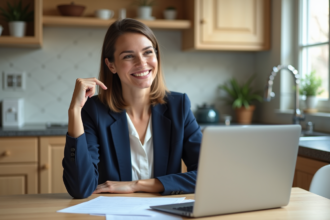 Femme en bureau avec papiers et ordinateur