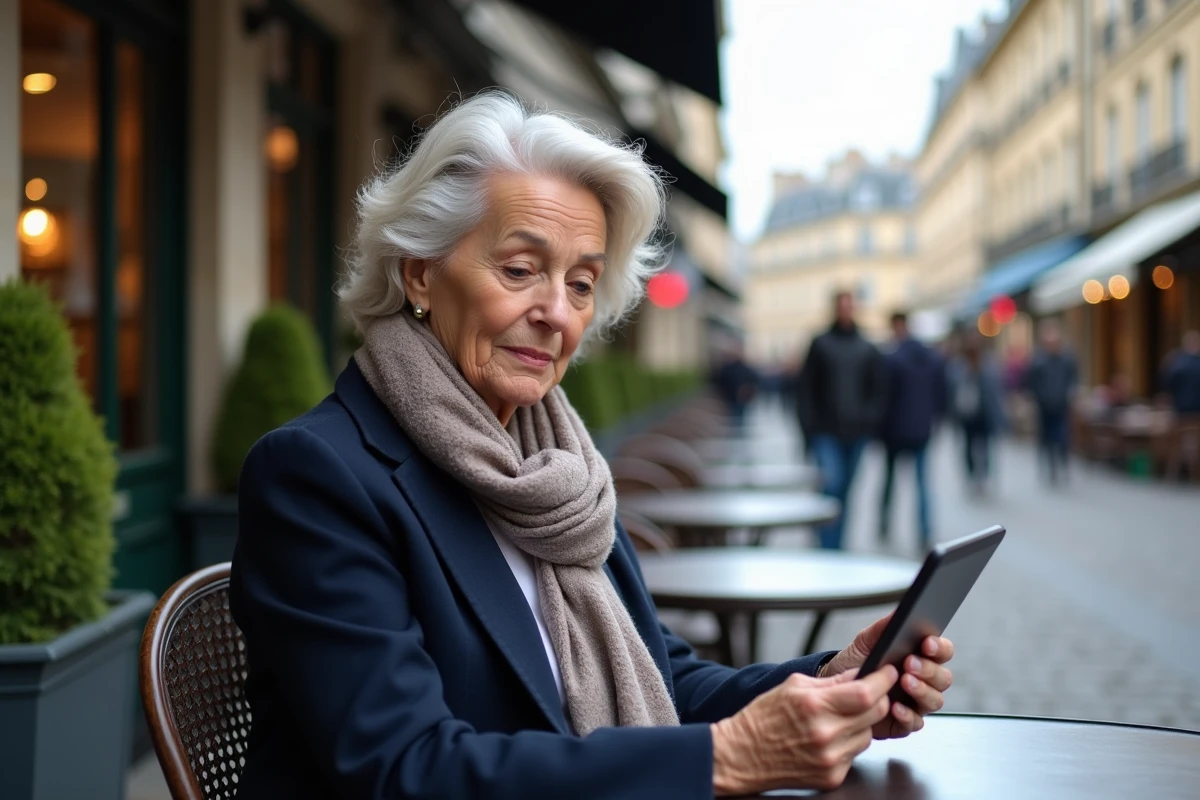 Femme agee consulte plans d appartement au cafe a Saint Germain