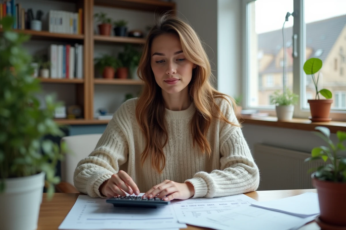 Jeune femme calculant ses revenus locatifs dans un bureau