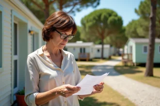 Femme examinant un document de conformité devant son mobil-home dans un camping français, loi ALUR 2026