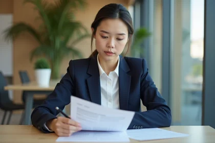 Femme en blazer bleu examine un contrat de prêt immobilier