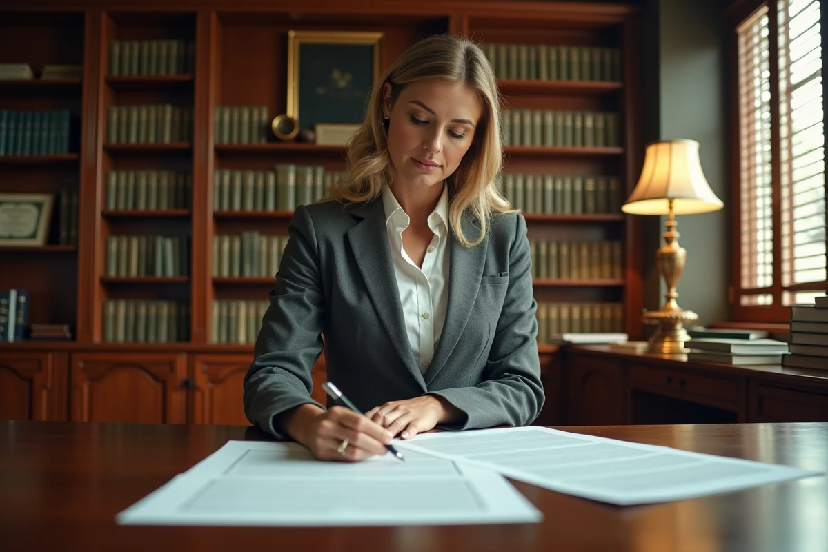 Femme consultant un contrat d'indivision immobilière dans un bureau de notaire, représentant les droits des co-indivisaires
