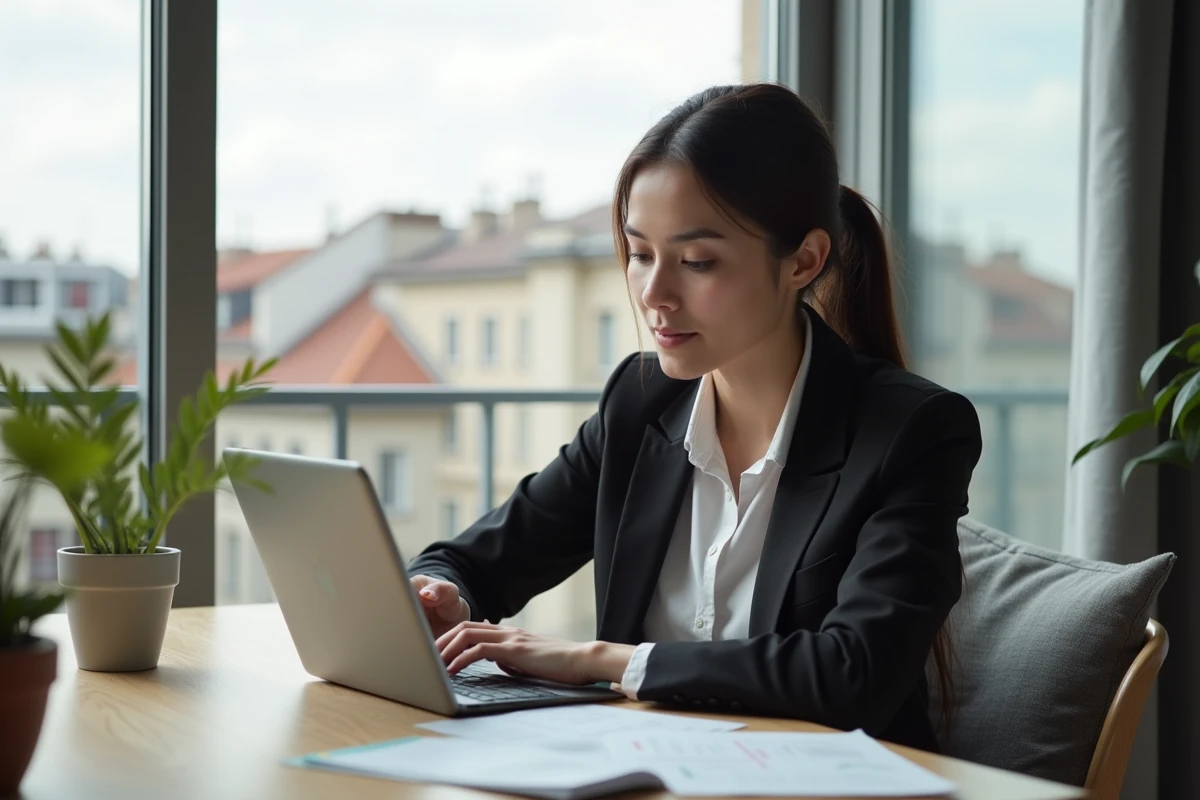 Jeune femme analysant documents immobiliers à Lyon