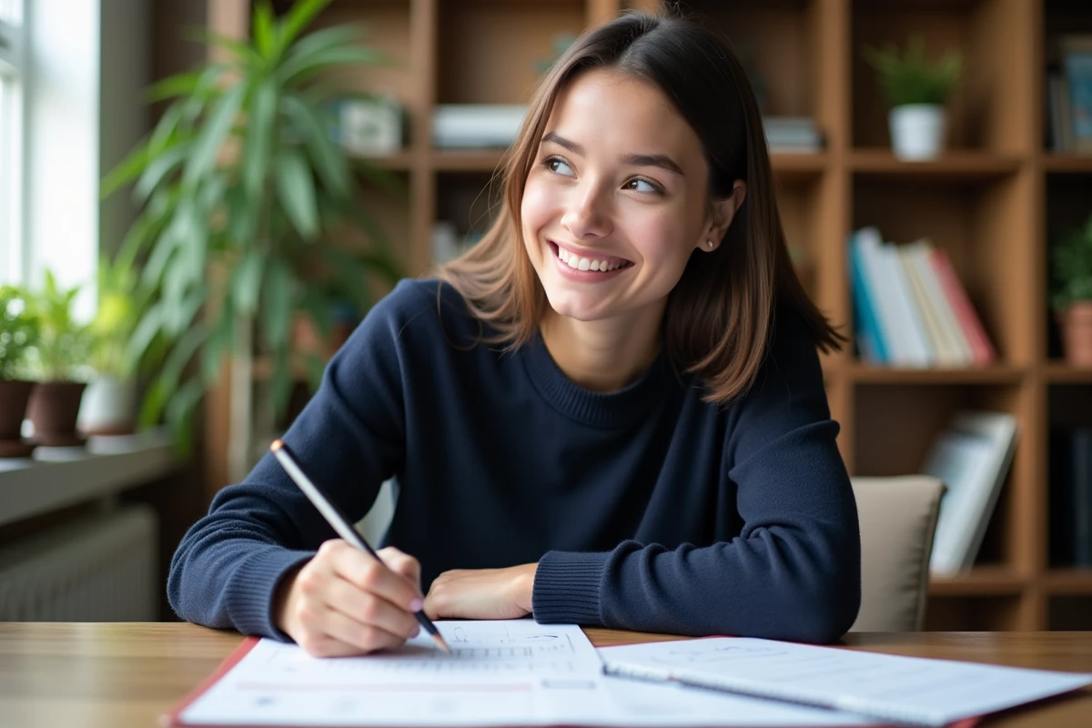 Jeune femme esquissant 1 acre sur un carnet en intérieur