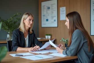 Femme d'âge moyen discutant de documents avec un conseiller immobilier