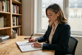 Femme consultant des documents immobiliers dans un appartement parisien pour préparer une annonce LOC pour un logement plus grand