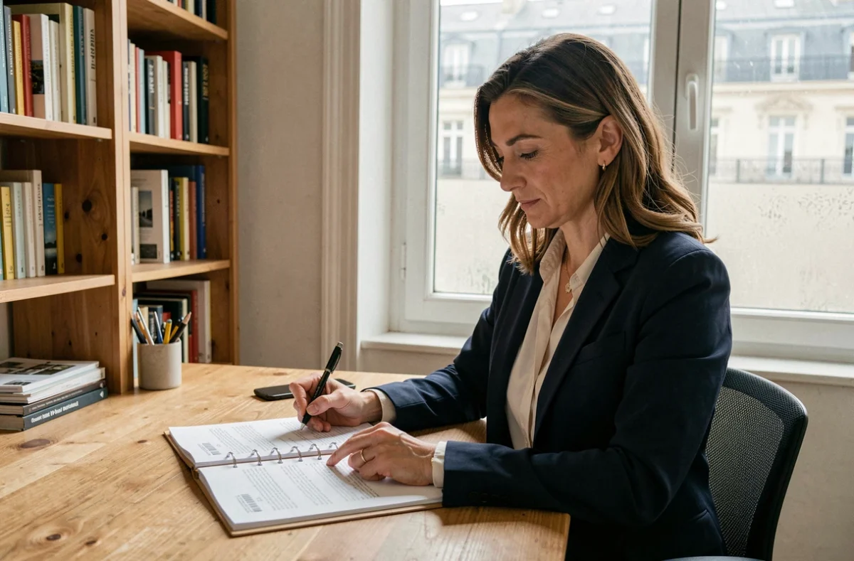 Femme consultant des documents immobiliers dans un appartement parisien pour préparer une annonce LOC pour un logement plus grand