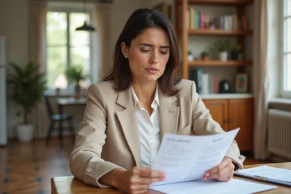 Femme consultant des documents immobiliers à une table en bois pour préparer sa première vente immobilière