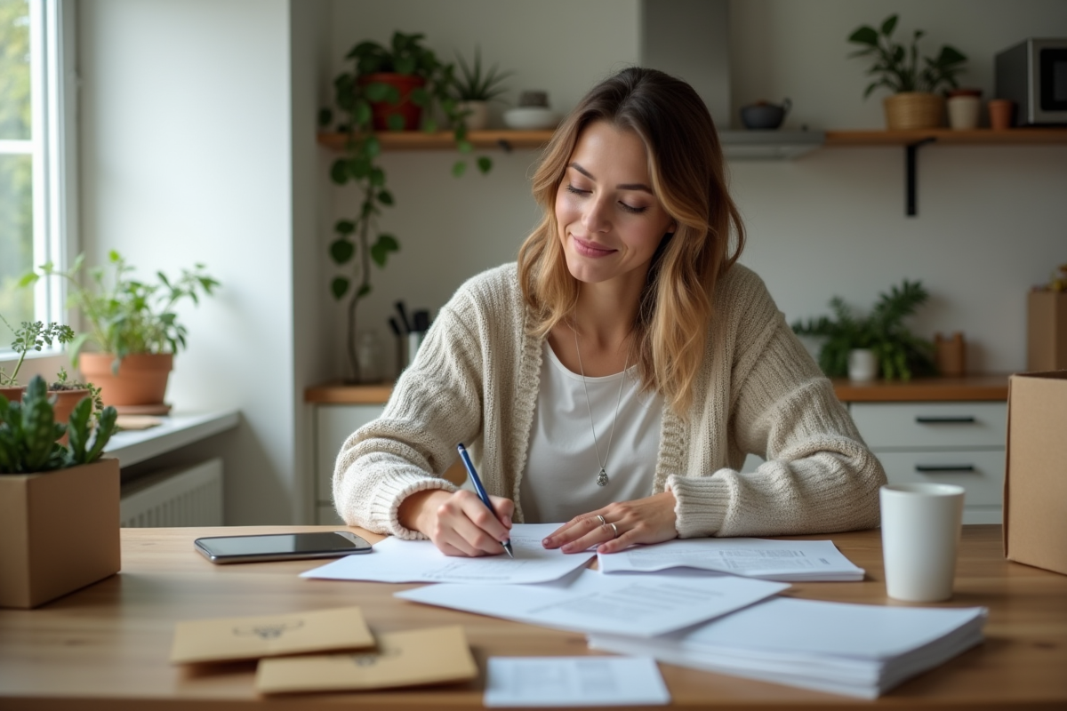 Femme en intérieur remplissant des documents officiels à la maison