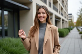 Jeune femme souriante devant un immeuble moderne à Boulogne