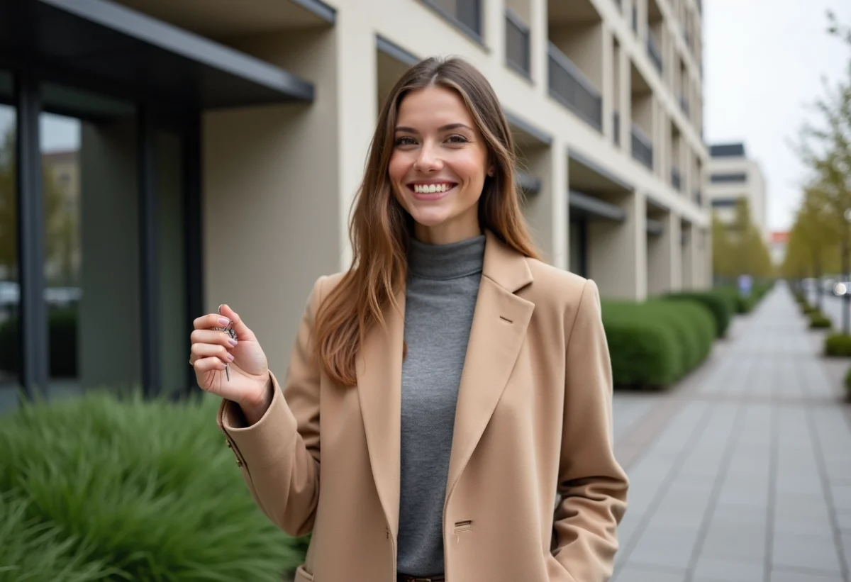 Jeune femme souriante devant un immeuble moderne à Boulogne