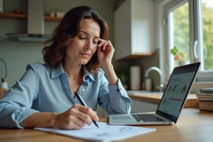 Femme d'âge moyen travaillant sur un ordinateur portable dans une cuisine