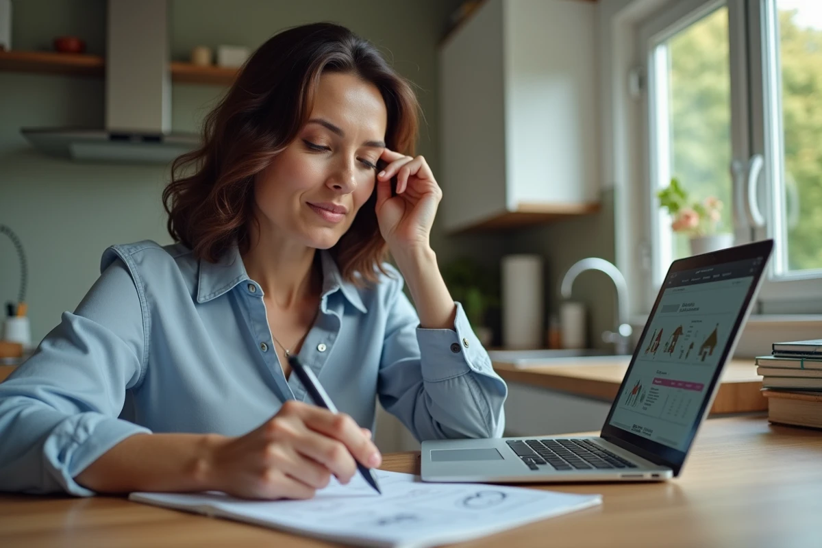 Femme d'âge moyen travaillant sur un ordinateur portable dans une cuisine