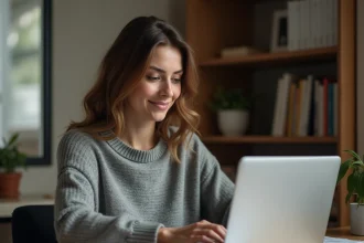 Femme consultant un forum en ligne sur son ordinateur portable pour comprendre l'avis favorable d'une commission d'attribution de logement
