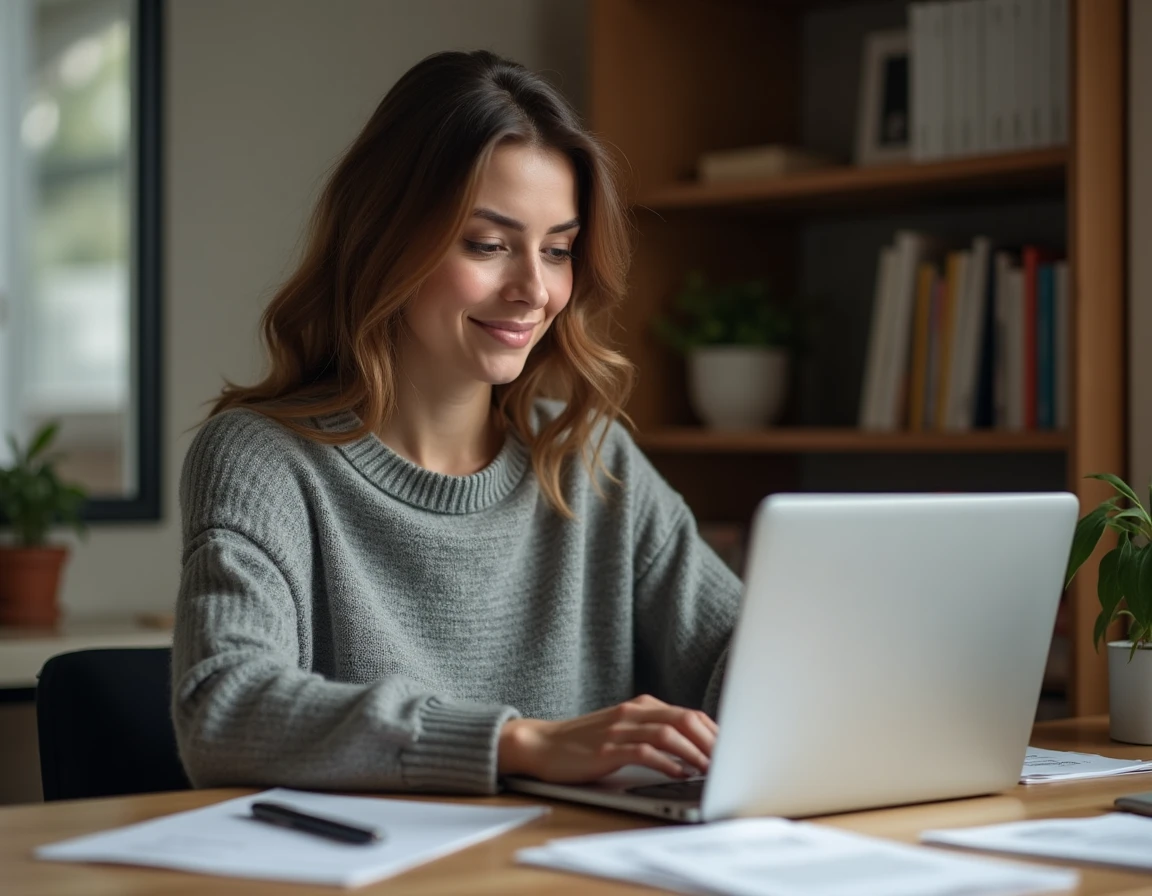 Femme consultant un forum en ligne sur son ordinateur portable pour comprendre l'avis favorable d'une commission d'attribution de logement
