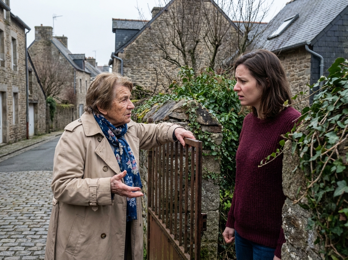 Femme âgée parle avec une voisine devant une grille en métal à SaintBrieuc