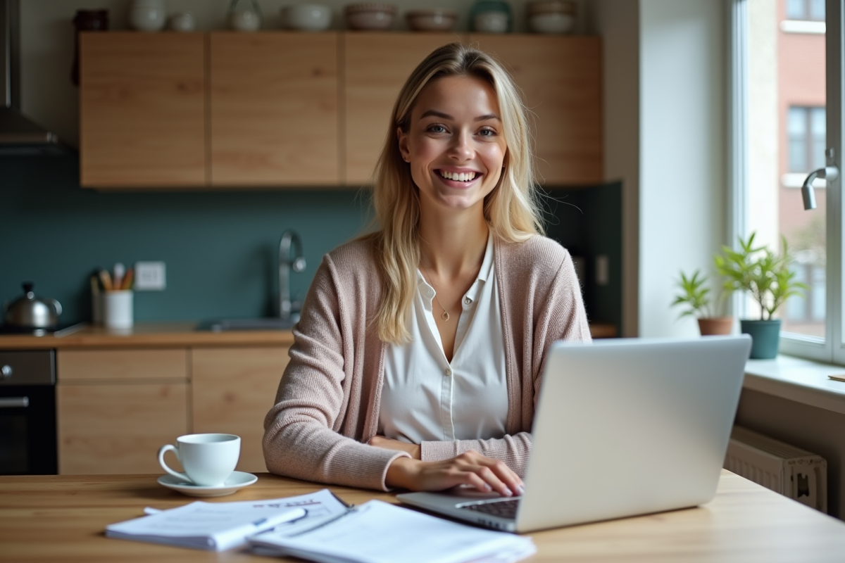 Jeune femme souriante travaillant avec ses documents dans la cuisine