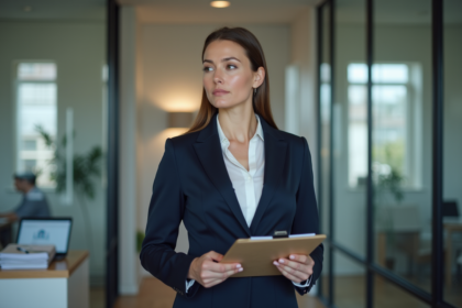 Femme professionnelle en bureau immobilier moderne