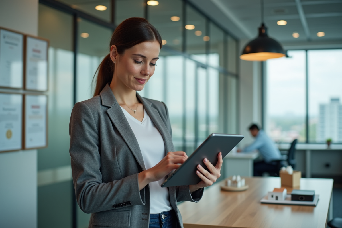 Femme professionnelle analysant un portefeuille immobilier sur une tablette
