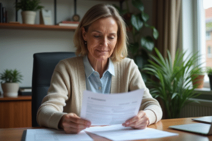 Femme d'âge moyen examinant des documents d'impôts dans un bureau moderne